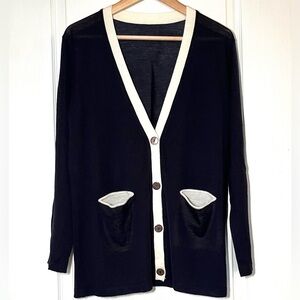 Amanda Collection Cream Contrast Trim Silk Blend Cardigan Old Money Academia, M